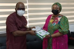 ICPC Chairman Prof. Bolaji Owasanoye, SAN presenting the National Ethics and Integrity Polict to the Director General National Agency for the Prohibition of Trafficking in Persons (NAPTIP), Imaan Sulaiman
