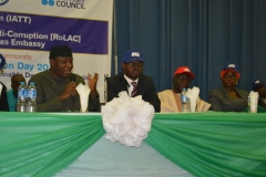 [L-R]: Dr. Kayode Fayemi, Hon. Minister of Mines and Steel Development; Mr. Akingbolahan Adeniran, representative of the Vice President; Extreme Right: Mrs. R.A. Okoduwa, mni, Spokesperson and Head of Public Enlightenment Department, ICPC, during the 2017 International Anti-Corruption Day celebrations in Abuja