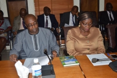 Prof. Sola Akinrinade, Provost, ACAN and Mrs. Rasheedat Okoduwa mni, HOD Public Enlightenment Department at the meeting with the Senate Committee members
